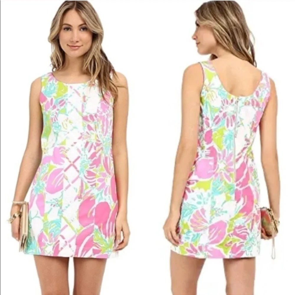 Lilly Pulitzer Cathy Shift Dress Dont Give a Cluck Flamingo Pink Green White 00